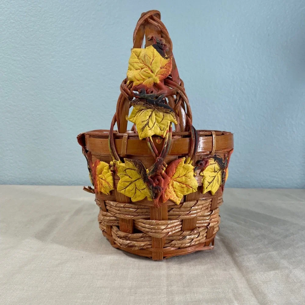 Vintage Fall Basket with Autumn Leaves and Acorns Cottage Decor